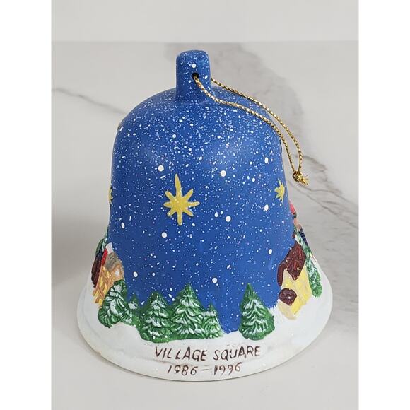 Christmas Village Square Bell Ornaments 4" Porcelain 90's Blue Lot of 2 Vintage - Picture 3 of 12